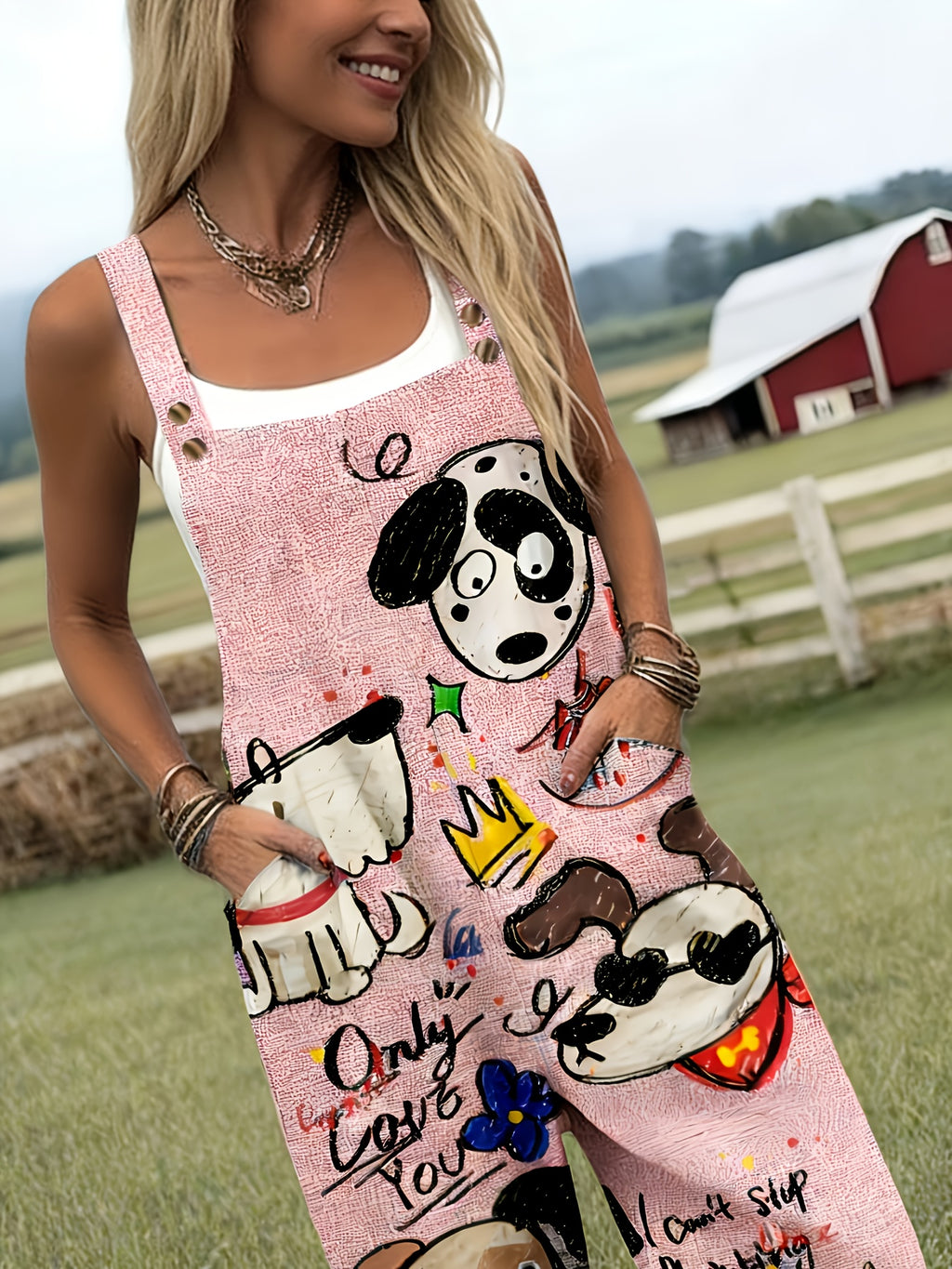 Cartoon Dog Graphic Print Adjustable Strap Pocket Casual Jumpsuit