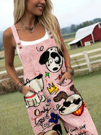 Cartoon Dog Graphic Print Adjustable Strap Pocket Casual Jumpsuit