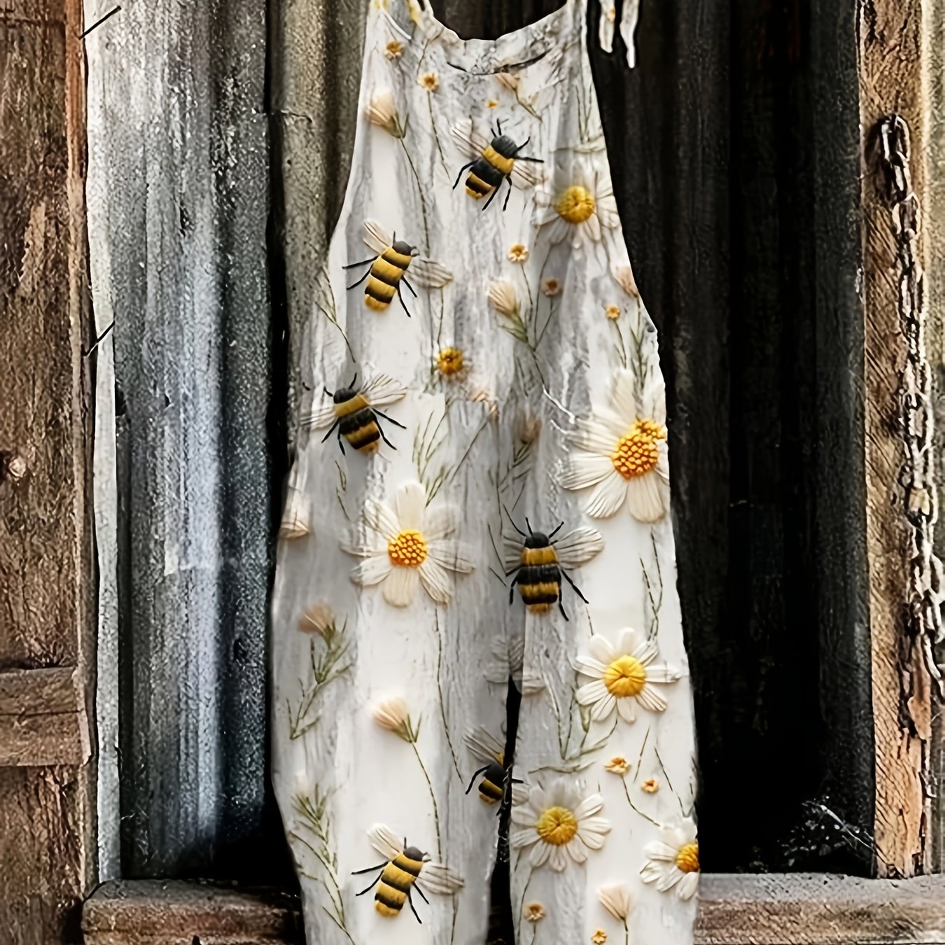 Daisy Bee Print Tie Shoulder Strap Pocket Casual Jumpsuit
