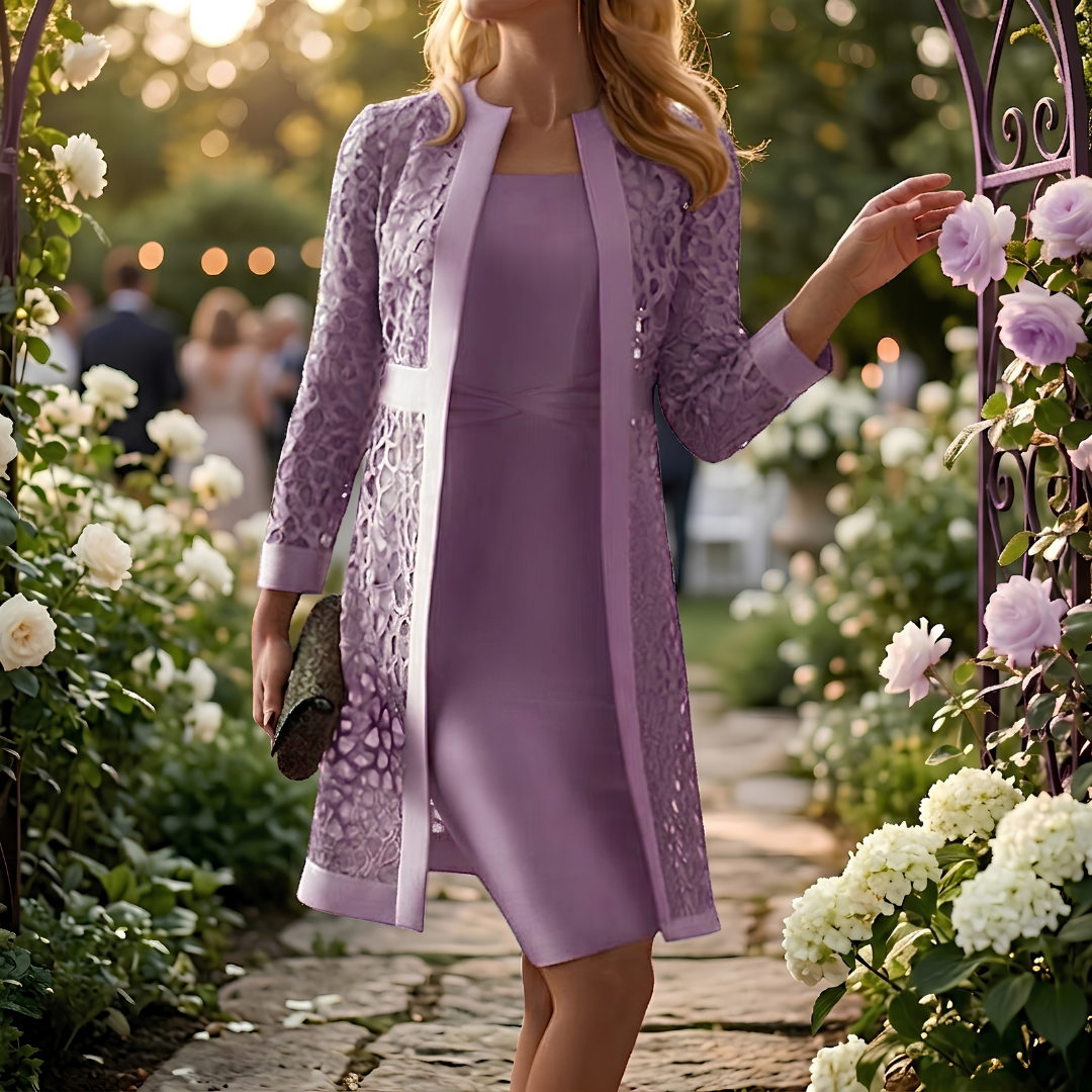 Lace Longline Jacket and Shift Dress Two Piece Set - Wedding Guest