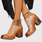 Triple Buckle Strap Distressed Leather Block Heel Boot