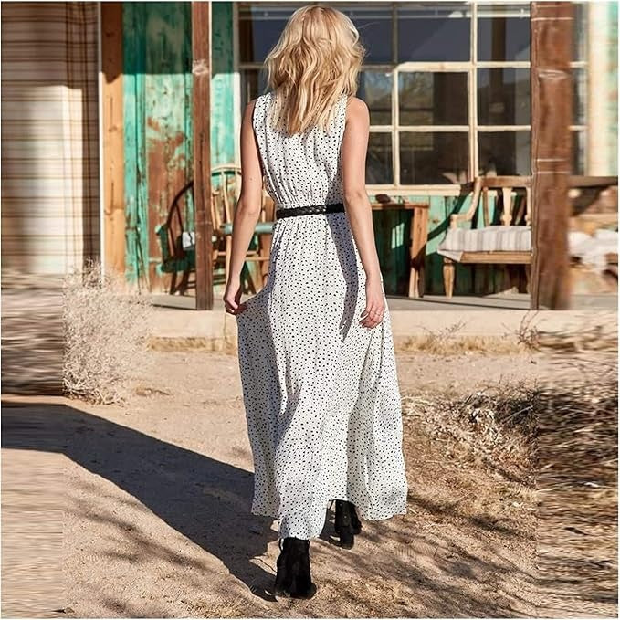 Polka Dot V Neck Tassel Tie Smocked Boho Flowy Maxi Dress