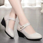 Velcro Strap Embossed Leather Wedge Mary Jane Shoe