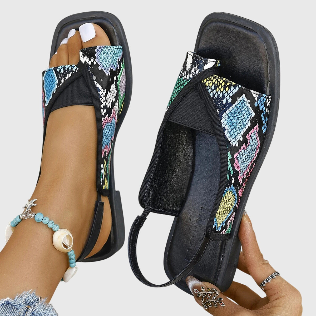 Two Tone Leather Elastic Slingback Flat Sandal