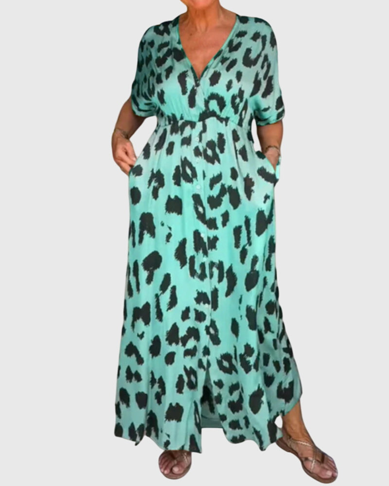 Leopard Print V Neck Button Front Elasticated Waist Maxi Dress