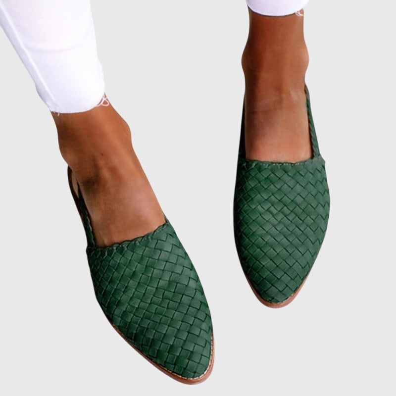 Woven Leather Pointed Toe Slip-On Flat Loafer