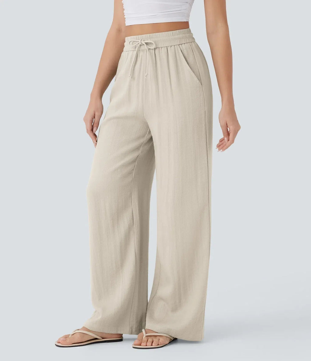 Smocked High Waist Drawstring Wide Leg Linen Pant
