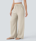 Smocked High Waist Drawstring Wide Leg Linen Pant