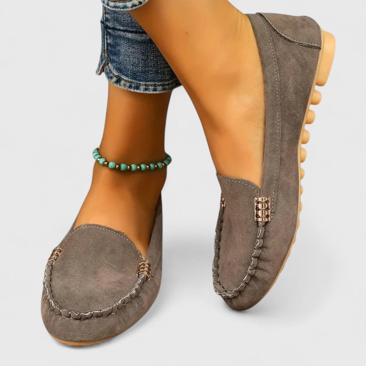 Suede Gold Bar Detail Moccasin Stitch Slip On Flat Loafer