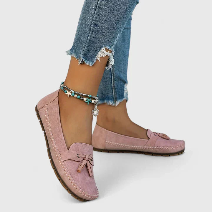 Suede Tassel Bow Whipstitch Trim Slip On Flat Loafer