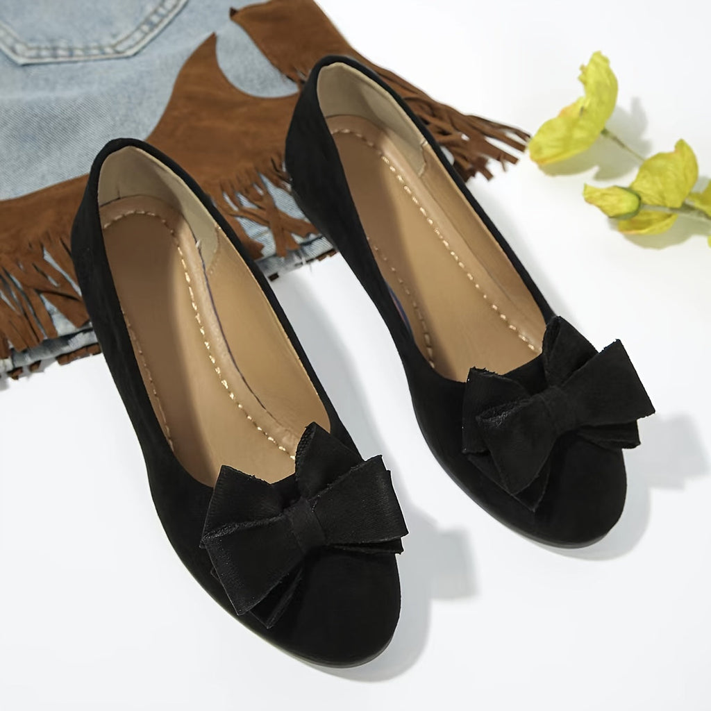 Suede Bow Detail Round Toe Slip On Wedge Ballet Flats
