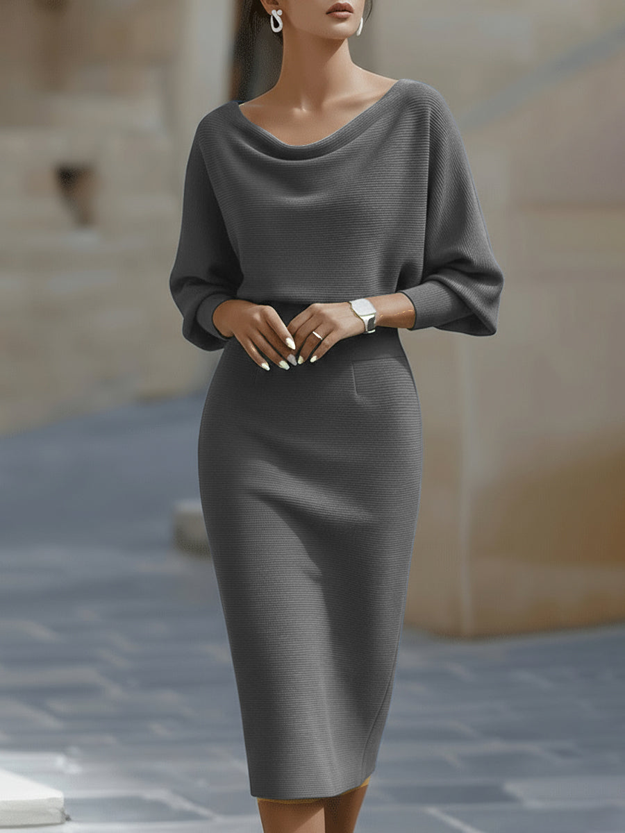Cowl Neck Batwing Sleeve Ribbed Knit Midi Dress