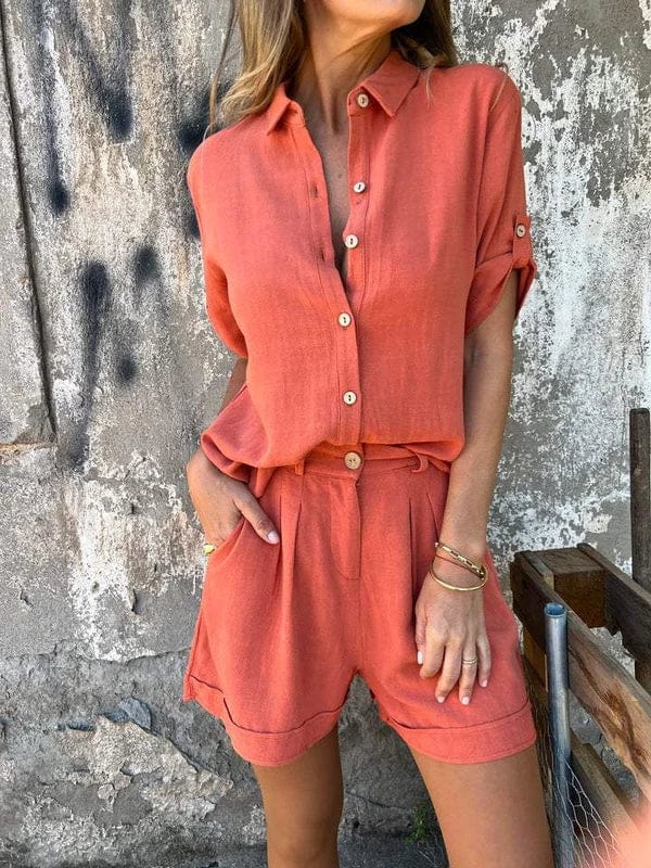 Oversized Linen Shirt Tailored Short Two Piece Set- Summer