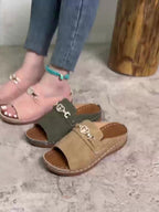 Rhinestone Heart Buckle Suede Open Toe Flat Slide Sandal