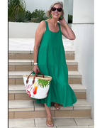 Linen Square Neck Sleeveless Tiered Flowy Casual Maxi Dress