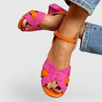 Two-Tone Suede Ankle Strap Flat Sandal