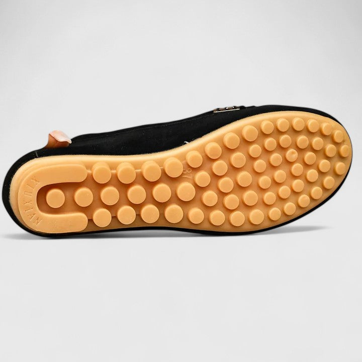 Suede Gold Bar Detail Moccasin Stitch Slip On Flat Loafer