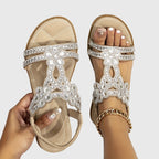 Rhinestone Embellished Cut Out Velcro Flat Sandal