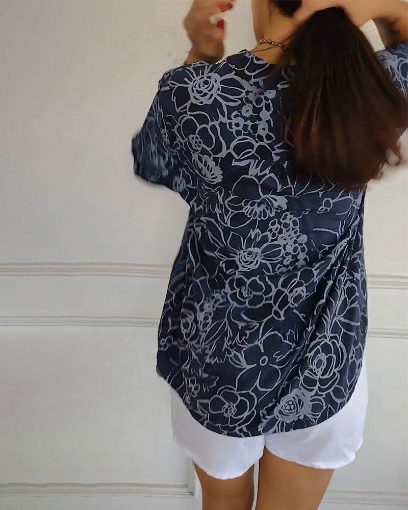 Floral Print V-Neck Half Sleeve Casual Blouse
