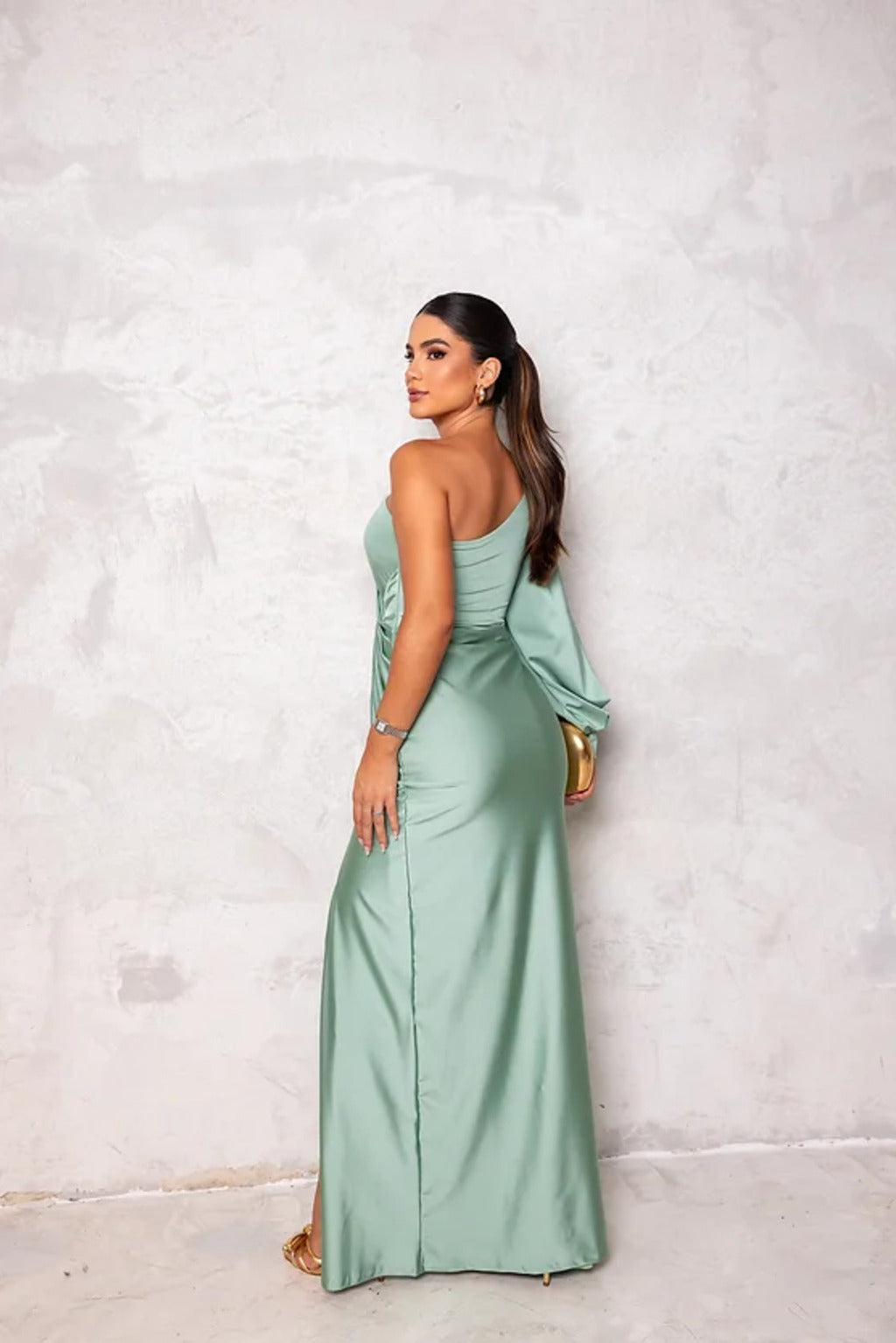 Satin One Shoulder Ruched Split Maxi Dress - Formal Evening Gown