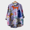 Whimsical Dog Print Point Collar Button Down Oversized Linen Shirt