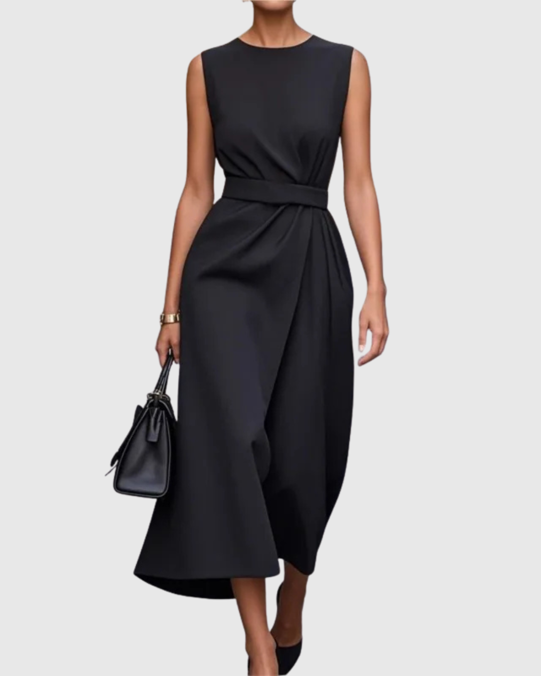 Sleeveless Belted Wrap Front Split Elegant Midi Dress