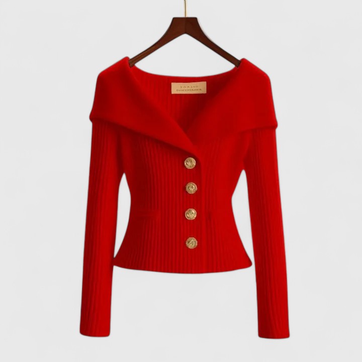Off Shoulder Fold Collar Gold Button Fitted Ribbed Cardigan