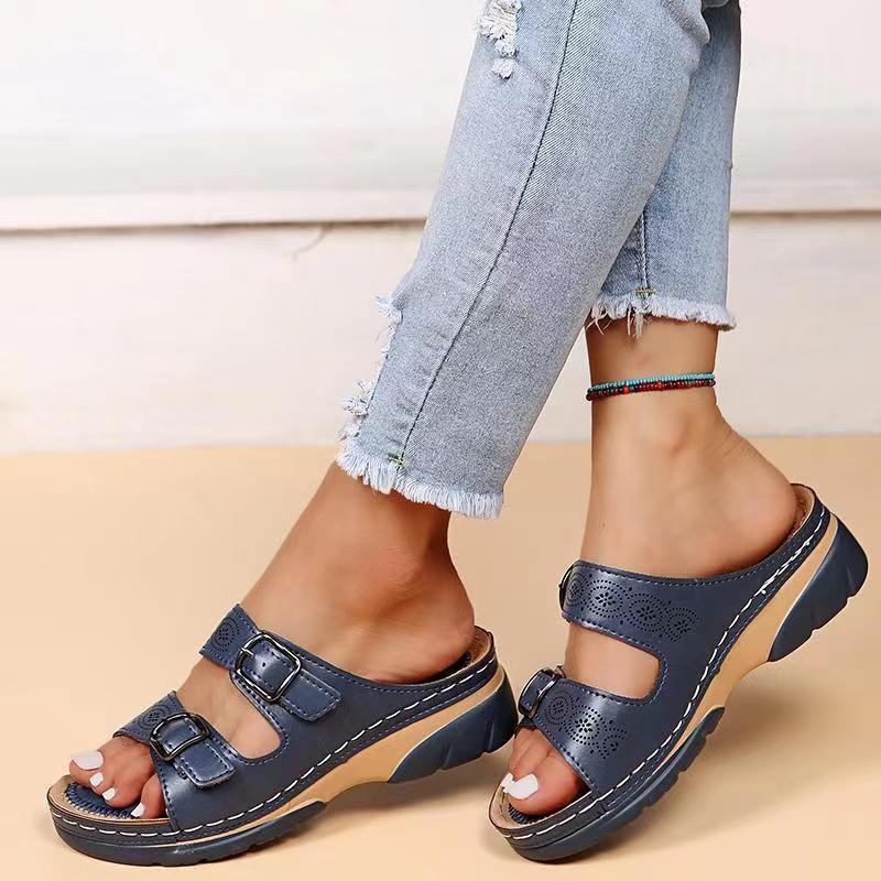 Double Buckle Strap Laser Cut Wedge Platform Slide Sandal
