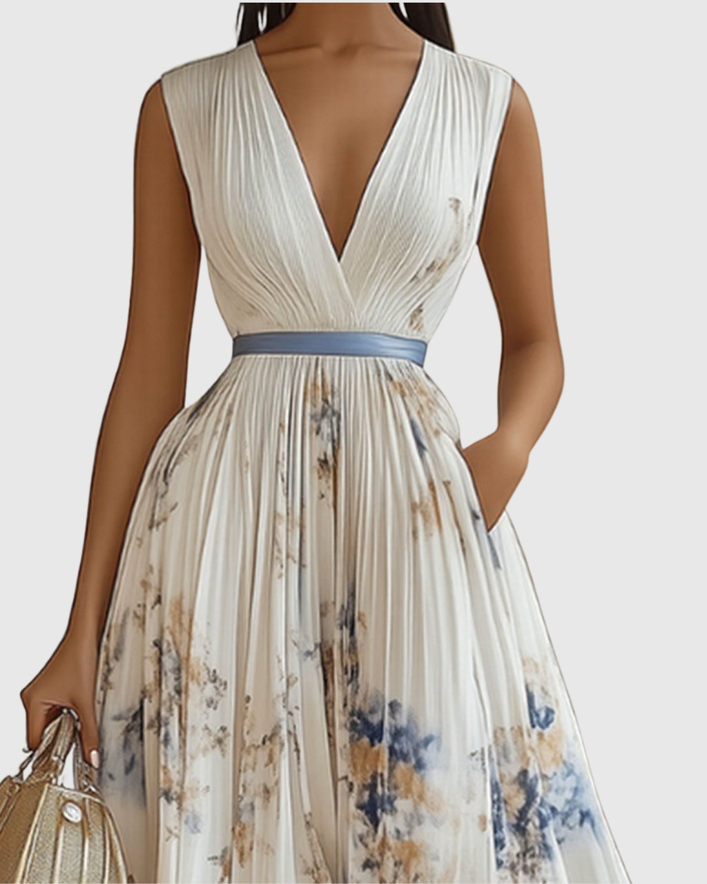 Floral Pleated V-Neck Belted Maxi Dress - Wedding Guest Gown