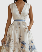 Floral Pleated V-Neck Belted Maxi Dress - Wedding Guest Gown