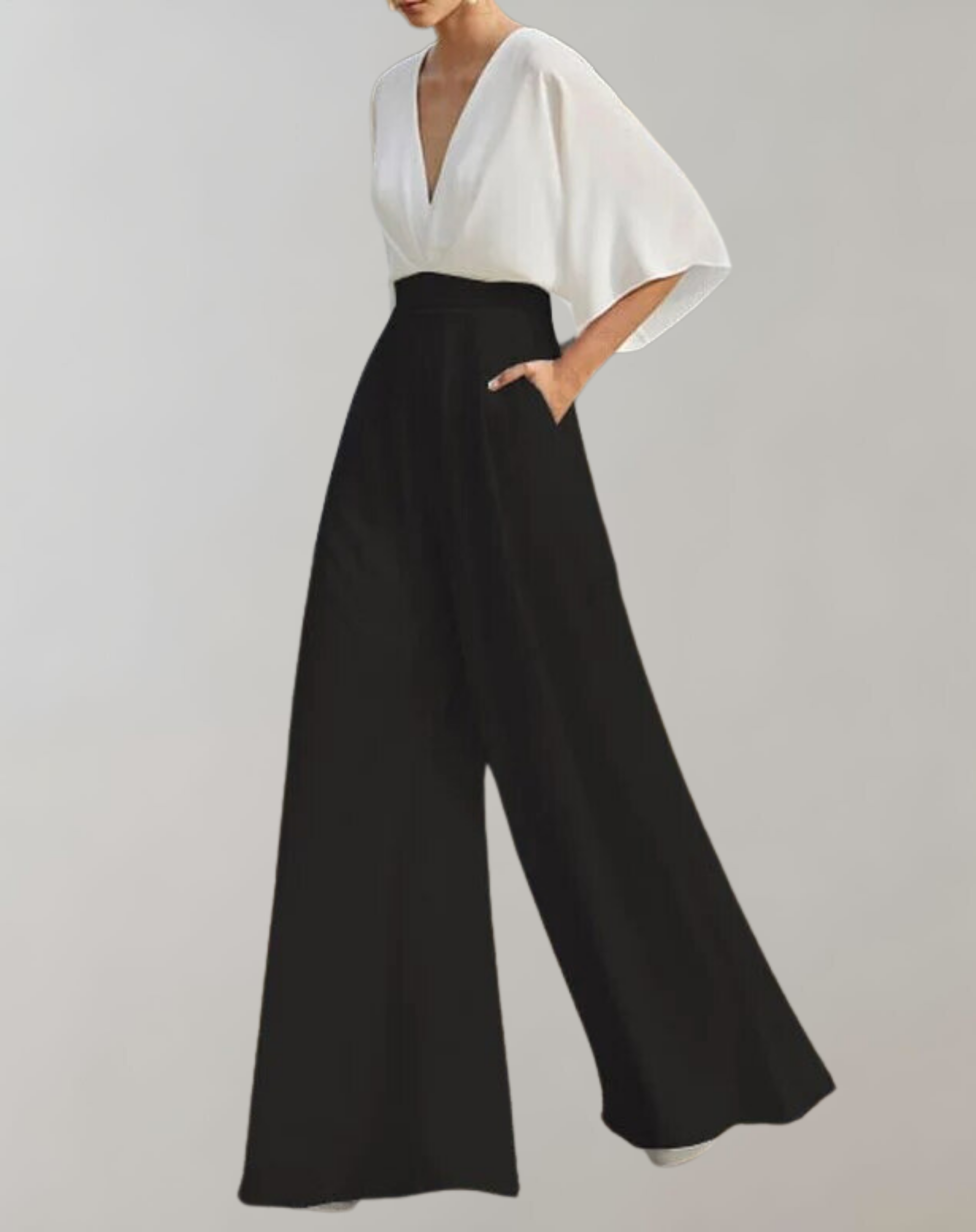 Deep V Neck Kimono Sleeve Belted Wide Leg Formal Jumpsuit