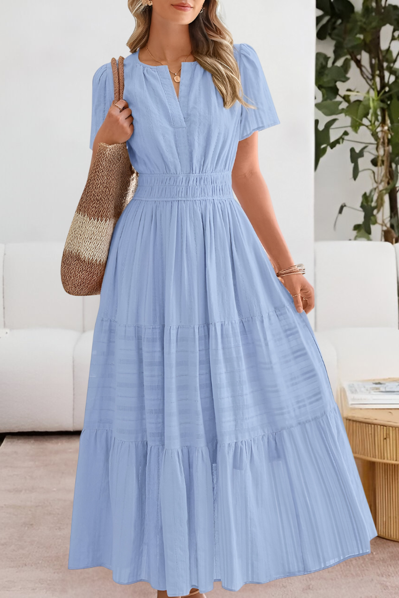 Flutter Sleeve V Neck Smocked Waist Tiered Flowy Maxi Dress