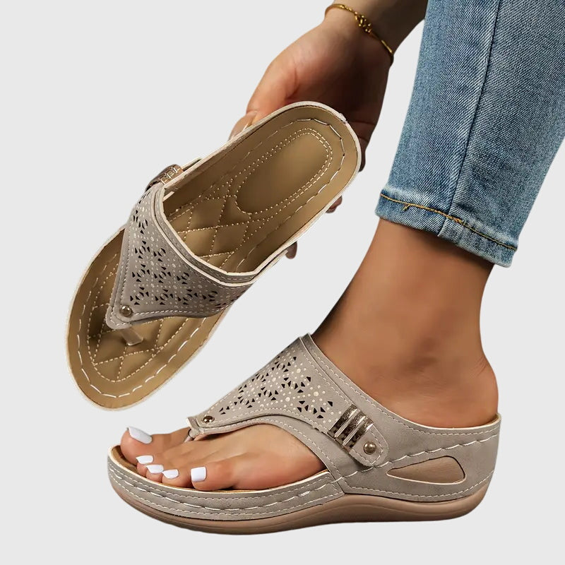 Laser Cut Toe Loop Metal Trim Wedge Sandal
