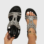 Rhinestone Embellished Cut Out Velcro Flat Sandal