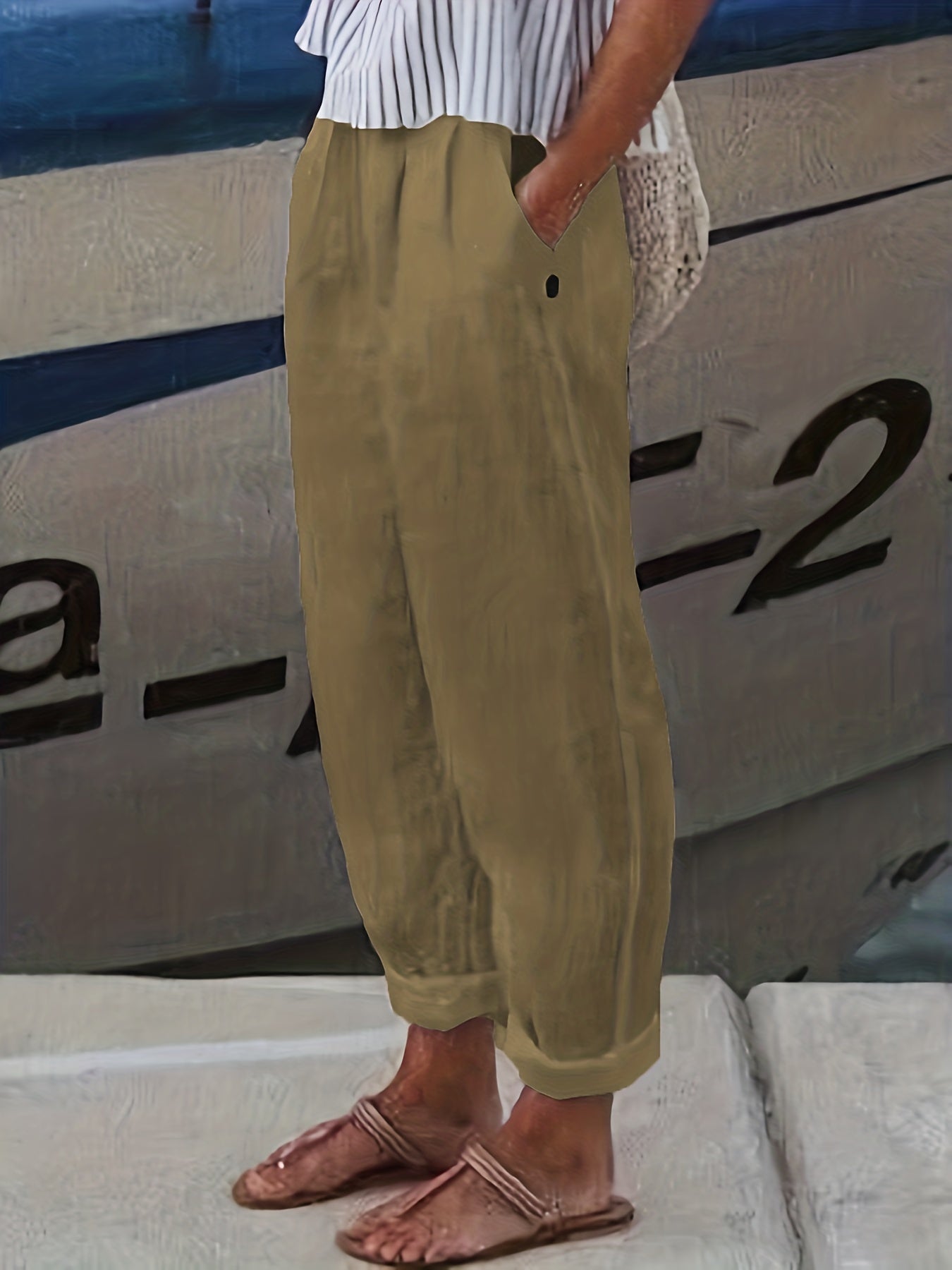 Elasticated High Waist Roll Hem Relaxed Linen Pants