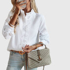 Ruffle Trim Button Down Long Sleeve Textured Blouse