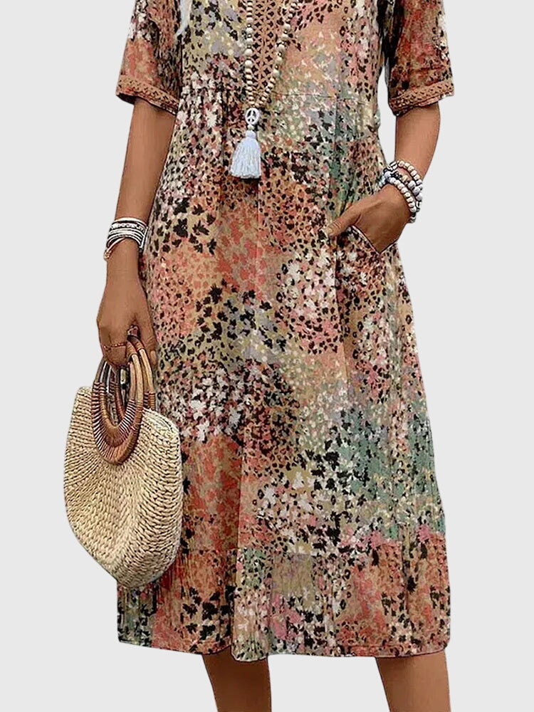 Abstract Print V-Neck Boho Summer Midi Dress