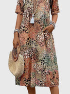 Abstract Print V-Neck Boho Summer Midi Dress