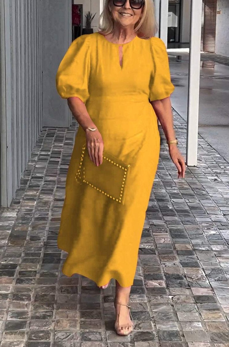 Puff Sleeve Keyhole A Line Midi Dress - Wedding Guest