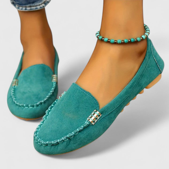 Suede Gold Bar Detail Moccasin Stitch Slip On Flat Loafer