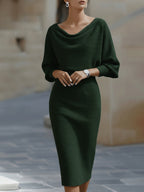 Cowl Neck Batwing Sleeve Ribbed Knit Midi Dress