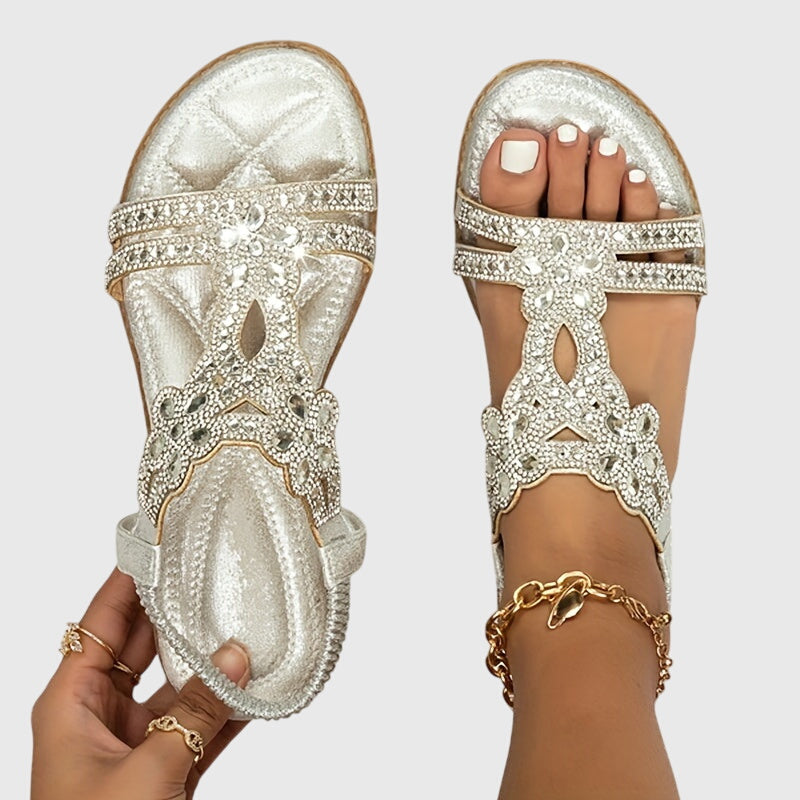 Rhinestone Embellished Cut Out Velcro Flat Sandal