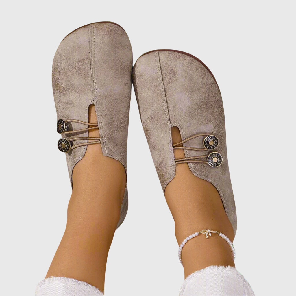 Vintage Burnished Leather Bronze Button Elastic Strap Round Toe Flat