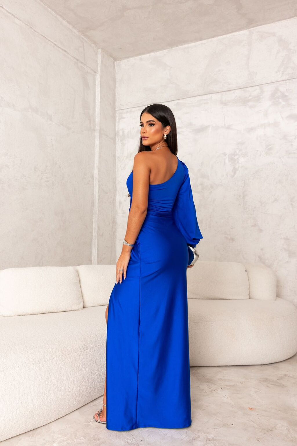 Satin One Shoulder Ruched Split Maxi Dress - Formal Evening Gown