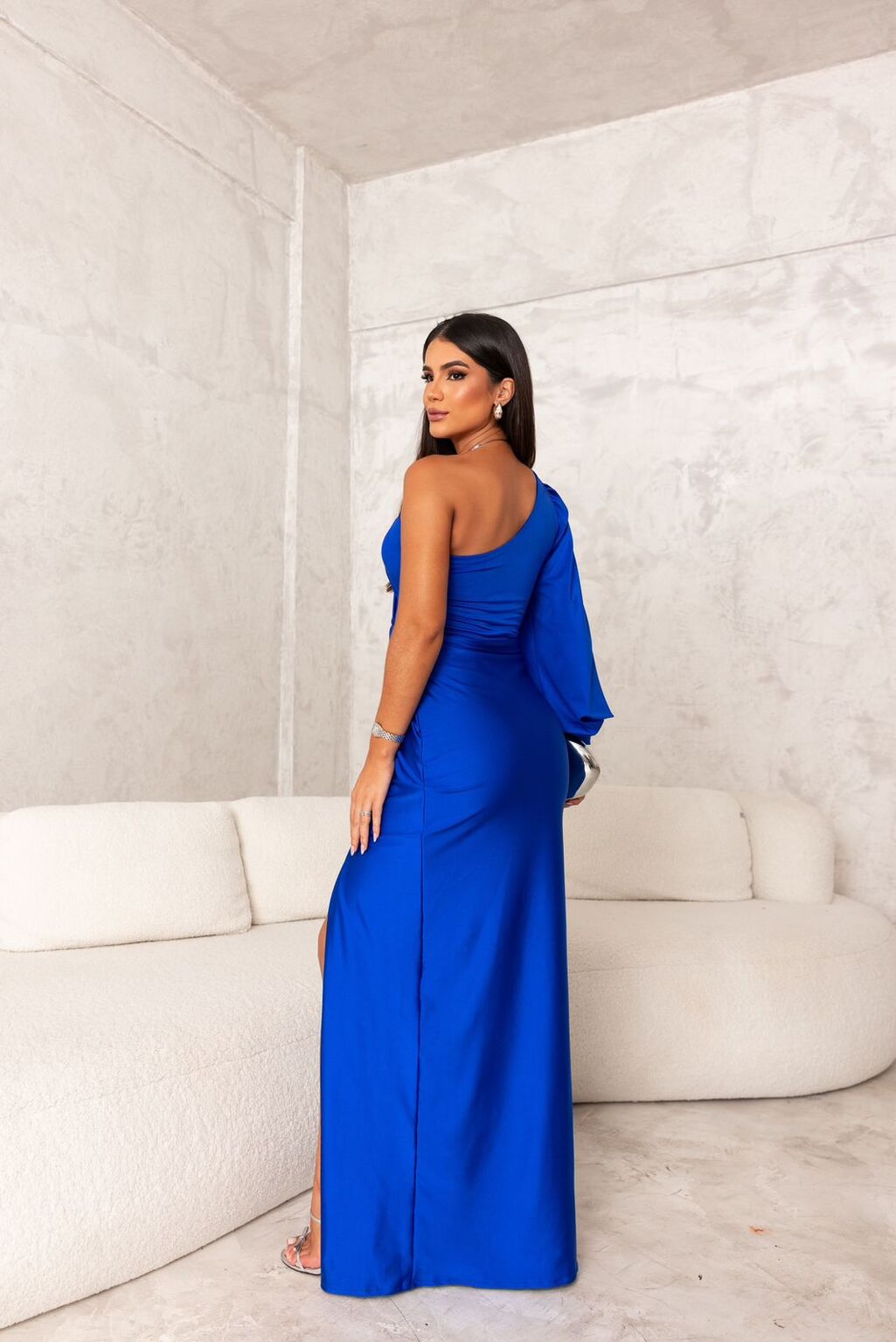 Satin One Shoulder Ruched Split Maxi Dress - Formal Evening Gown