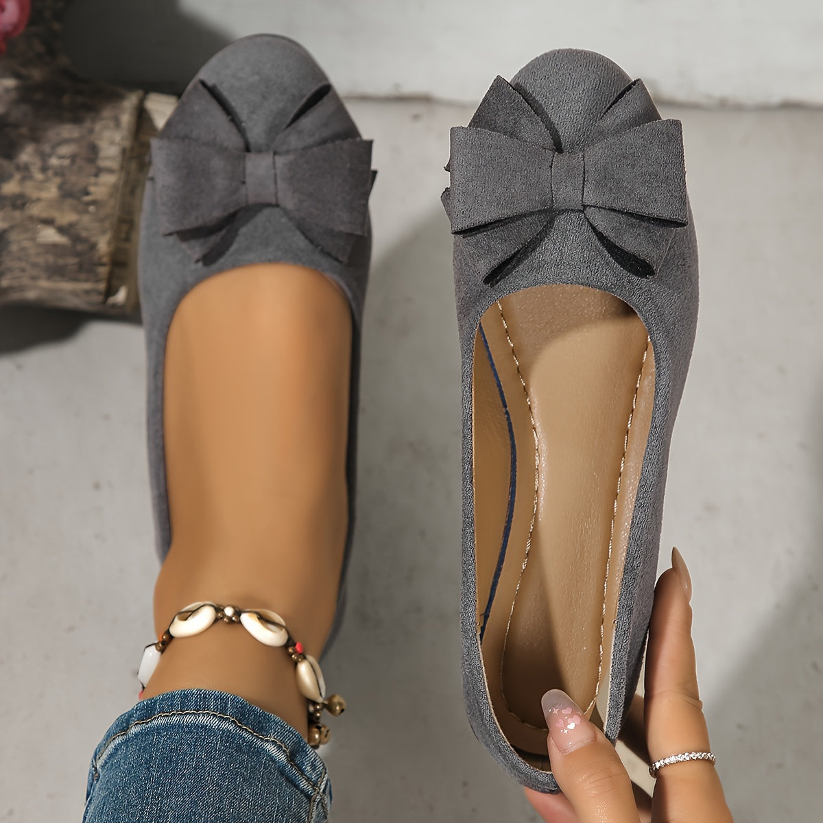 Suede Bow Detail Round Toe Slip On Wedge Ballet Flats