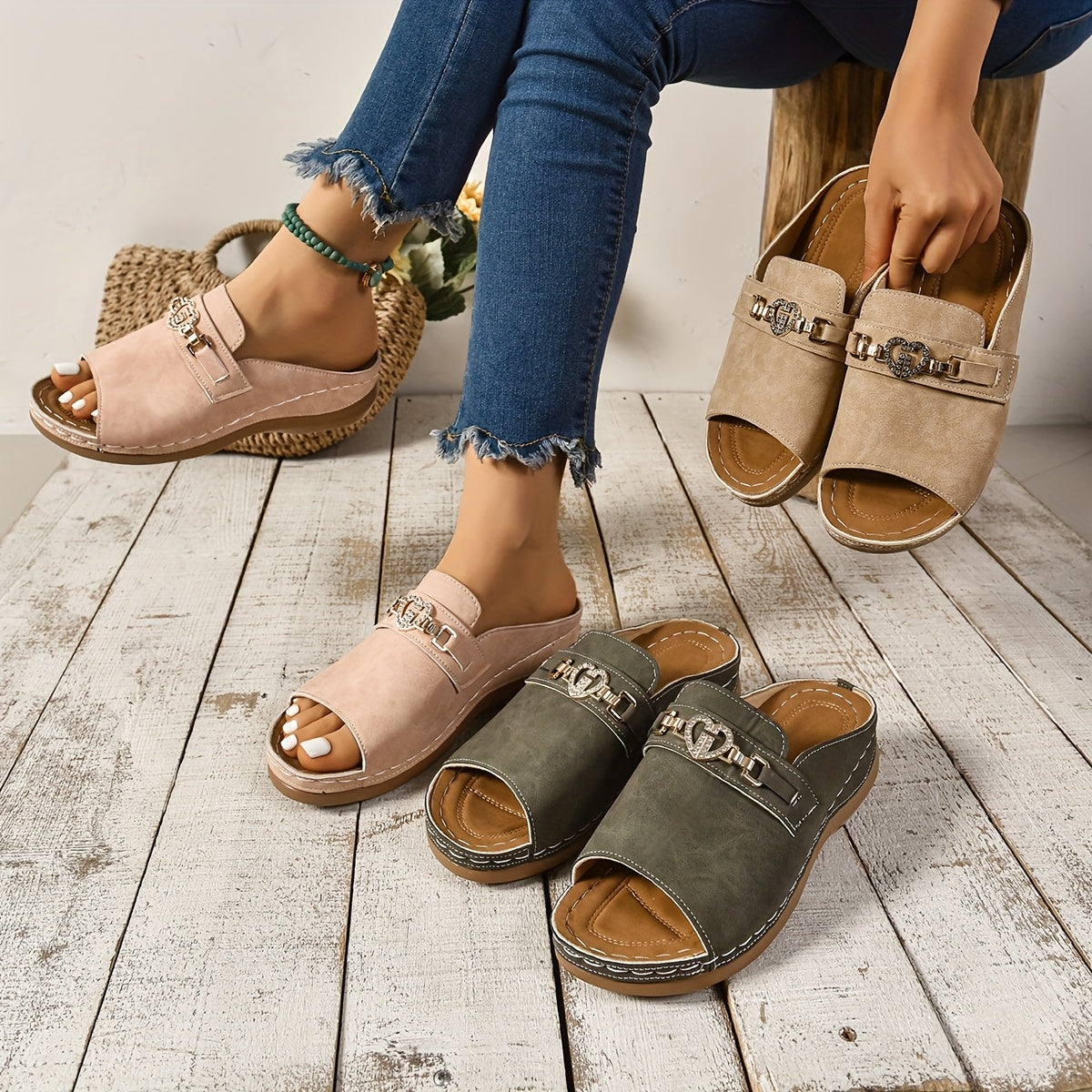 Rhinestone Heart Buckle Suede Open Toe Flat Slide Sandal