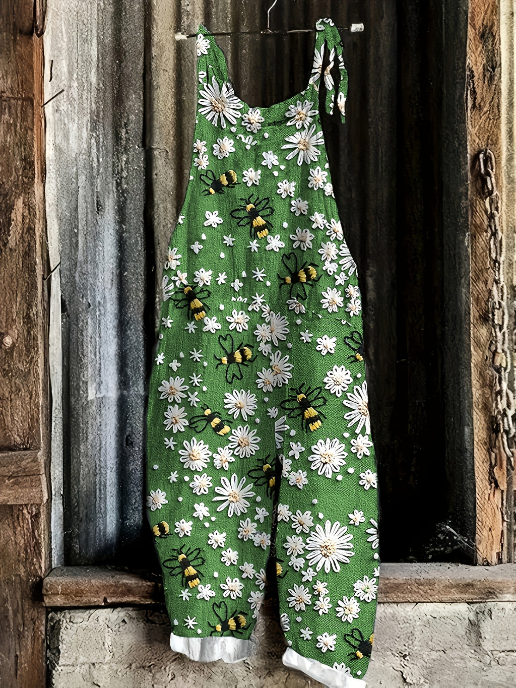 Daisy Bee Print Tie Shoulder Strap Pocket Casual Jumpsuit