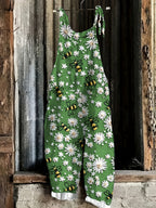 Daisy Bee Print Tie Shoulder Strap Pocket Casual Jumpsuit