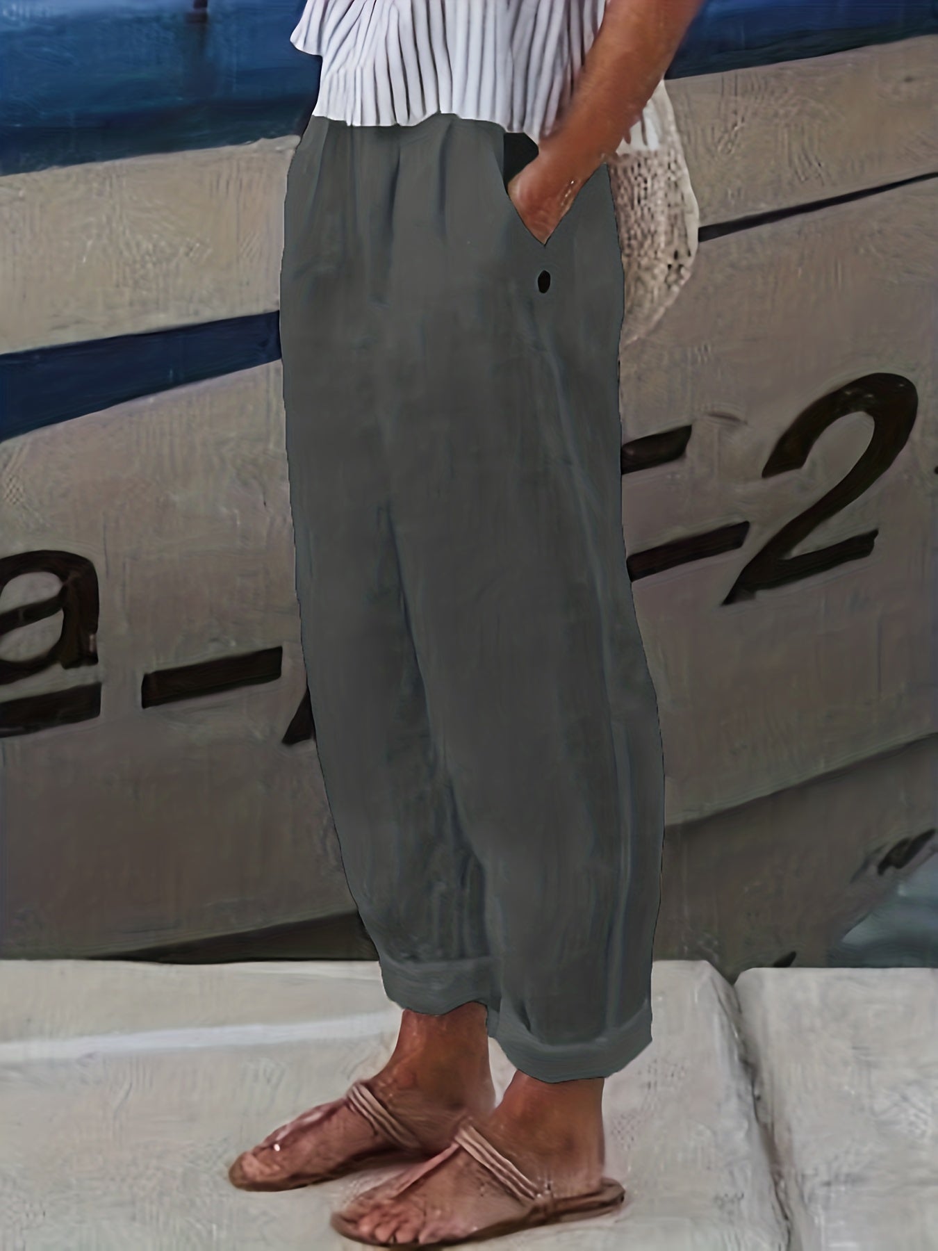 Elasticated High Waist Roll Hem Relaxed Linen Pants